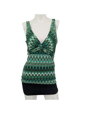BCBGMAXAZRIA Geometric Babydoll Top Y2K Twist Front Boho Festival Coastal Medium